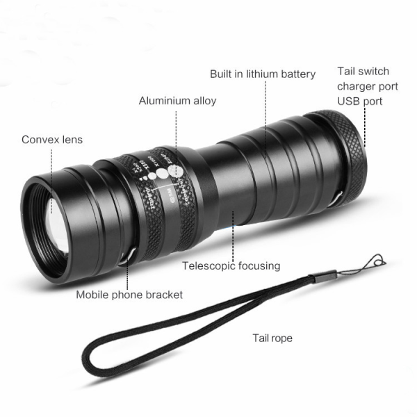 Lykt Tactical LED T6 ink. oppladbare bat.  via USB